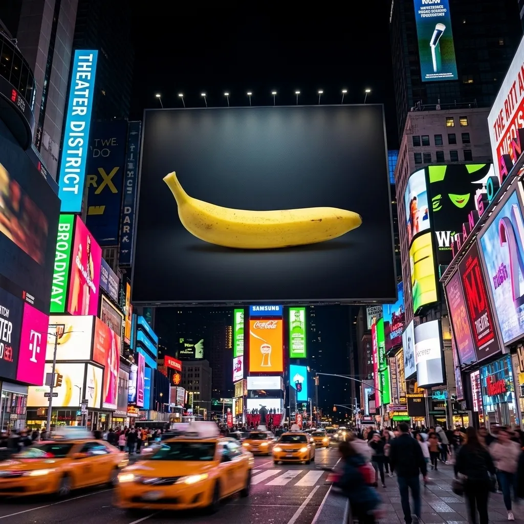 The same banana on a Times Square billboard — AI-generated lifestyle shot