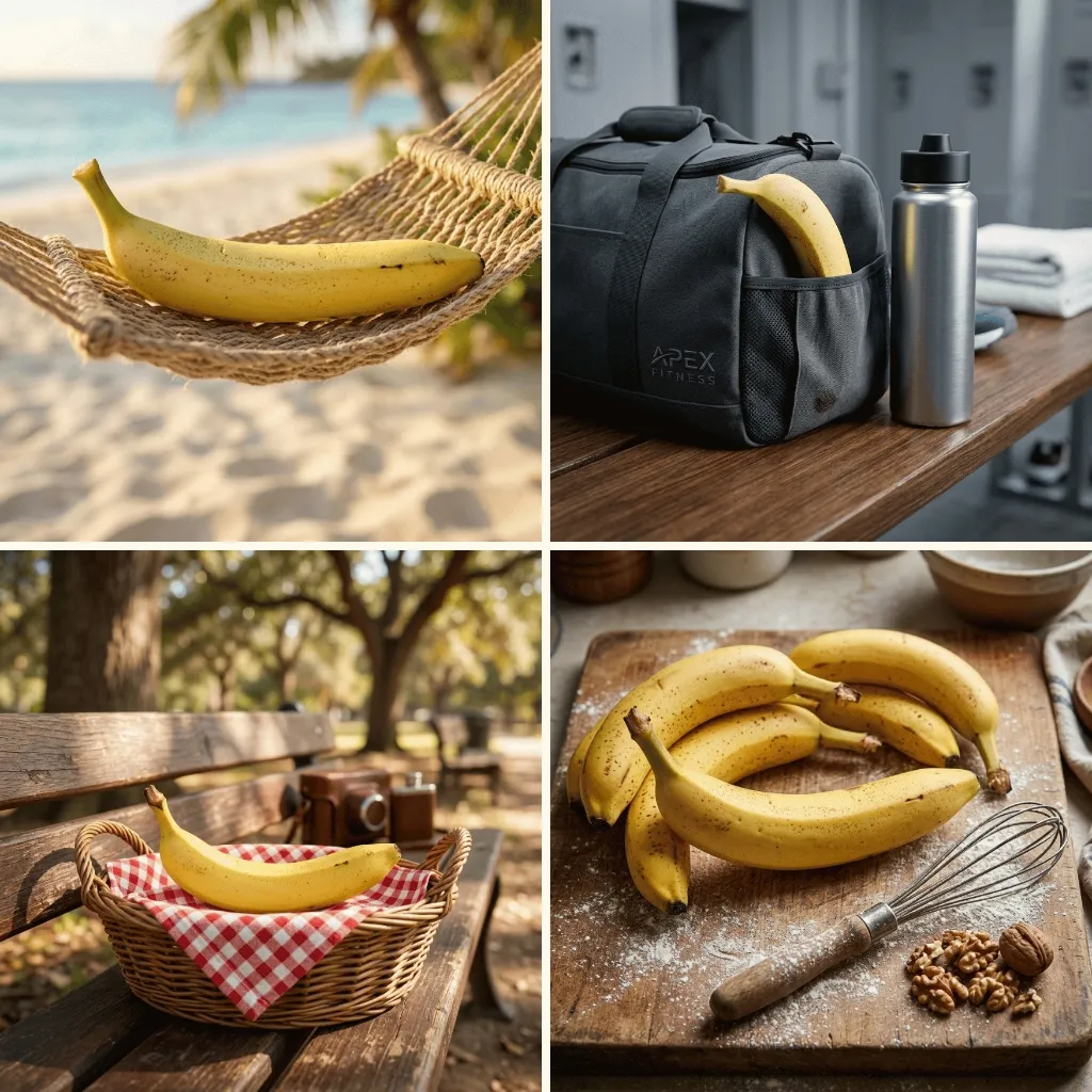 Four different banana lifestyle scenes generated in parallel — beach, gym, picnic, kitchen