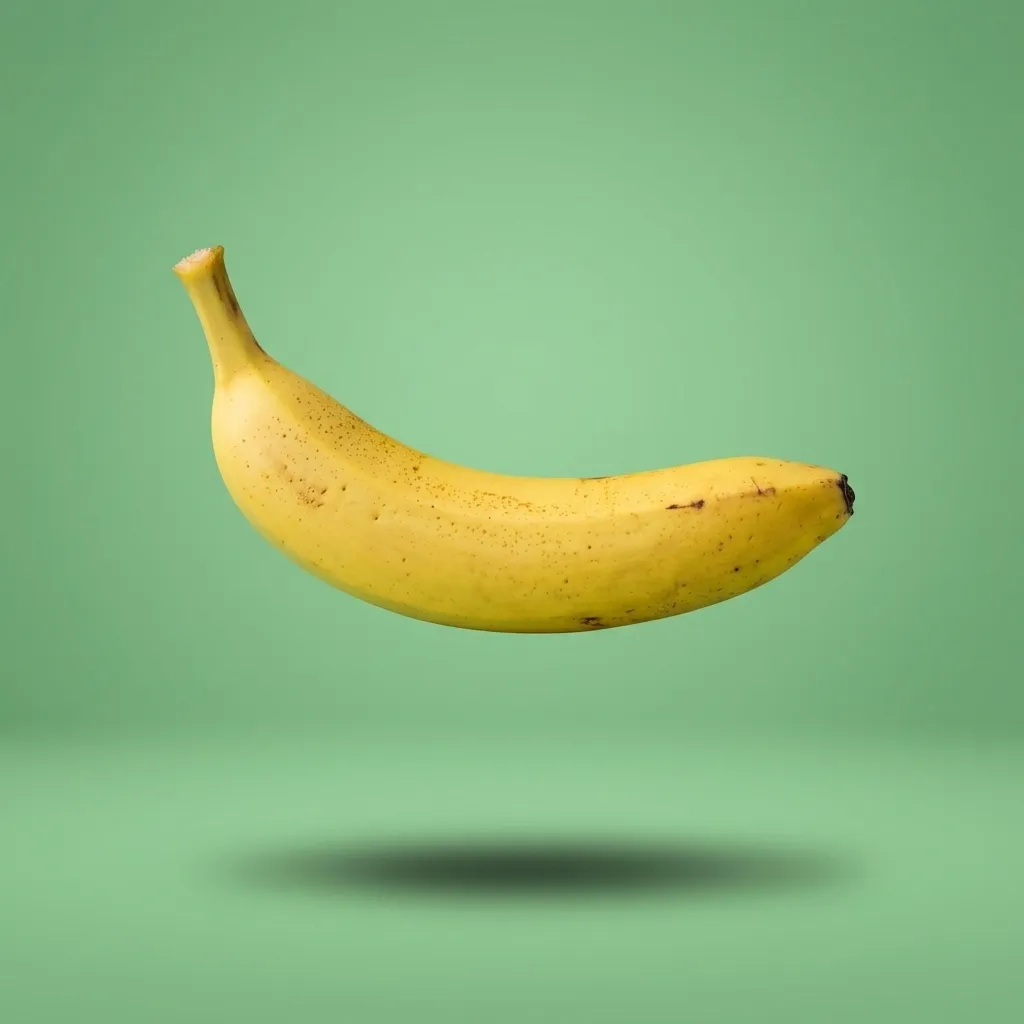 Banana floating in mid-air with a soft drop shadow on a green background