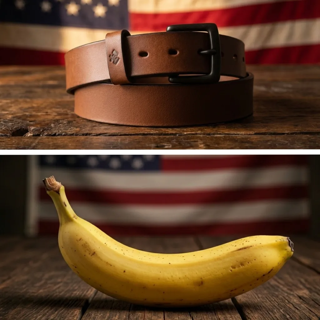 Side-by-side: a leather belt product photo and a banana styled in the same scene — AI style matching