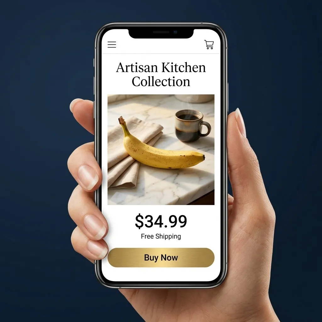 Hand holding a phone showing a banana product listing with an AI-generated lifestyle photo